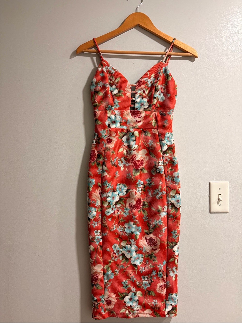 Haute Monde Coral Floral Midi Slip Dress with Aqua Blossoms